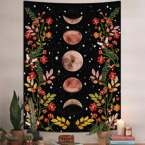 Lifeel - Tapiz de jardín con luz de luna, fase lunar rodeada de vides y flores, tapiz negro para decoración de pared