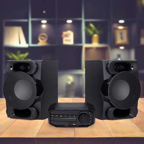 Vista 8 de LyxJam Sistema estéreo Bluetooth para el hogar con reproductor de CD, MP3, USB, entrada de audio, radio FM, altavoz Bass Reflex, 350 vatios, control