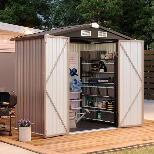 Aoxun Cobertizo de 6 x 4 pies con piso de acero galvanizado resistente al aire libre con puertas dobles, diseño ventilado resistente a la intemperie