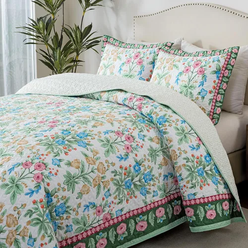 Vista 45 de HoneiLife - Juego de edredón de 3 piezas, colcha de microfibra, reversible, con estampado floral, para todas las estaciones, estilo acuarela