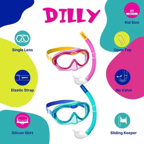 Vista 3 de Mares Kids' Combo Dilly, TPE Face Piece Mask & Ergonomic Snorkel Swimming Snorkeling Set for Ages 4-7