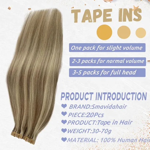 Vista 5 de Extensiones de cabello humano rubio con cinta, reflejos rubio ceniza y rubio platino, extensiones de cabello rubio platinado, cinta adhesiva