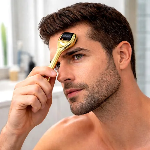 Vista 9 de Elevate Derma Roller 0.010 in con rodillo de microagujas de titanio 540 para mujeres y hombres, rodillo dorado para cara, piel, cabello y barba