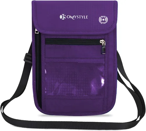 Soporte para pasaporte con bloqueo RFID, bolsa de viaje para el cuello para mujeres y hombres para mantener efectivo y documentos seguros, Morado,