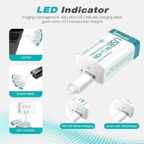Vista 2 de Batería recargable de litio USB de 9 V de 860 mAh con cable de carga 4 en 1, baterías de 9 voltios 6f22 para detectores de humo (paquete de 4)