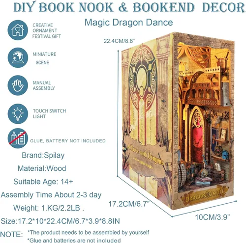 Vista 4 de Spilay Kit de montaje de rincón de libro en miniatura para casa de muñecas en 3D, rompecabezas de madera 3D, decoración con LED, sujetalibros