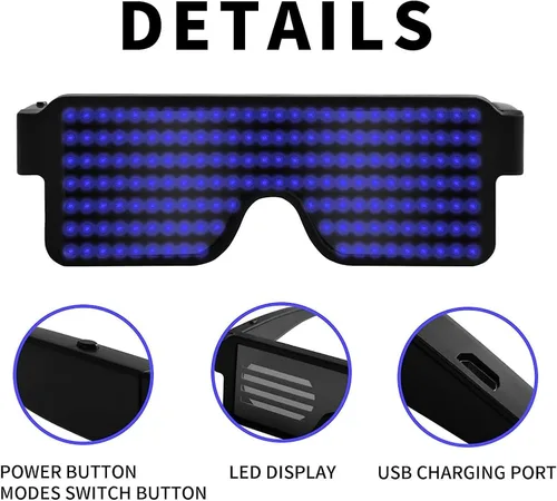 Vista 5 de Gafas LED dinámicas que brillan con luz LED recargable por USB, con luz intermitente de neón, 11 patrones, gafas luminosas
