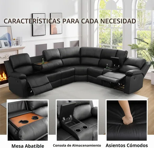 Vista 5 de Juego de sofá seccional reclinable manual, juegos de muebles de sala de estar de cuero regenerado en forma de L, sofá de esquina seccional Negro
