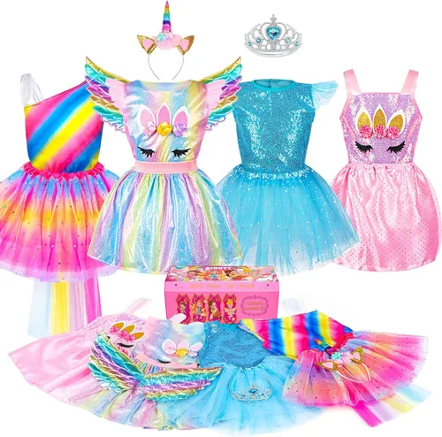 Princess Dresses for Girls Dress up Clothes Trunk BIBUTY Pretend Play Costumes with 4 Unicorn Princess Sets for 3-6yr Girls