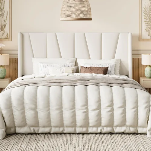 Vista 9 de SHA CERLIN Base de cama tamaño Queen con cabecera geométrica con respaldo de ala, plataforma tapizada con soporte de listones de madera, espacio Gris
