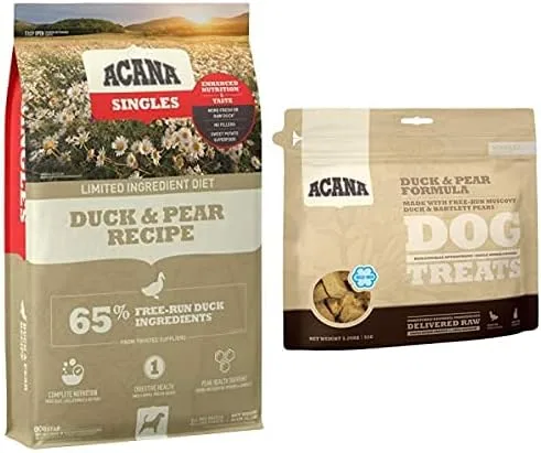ACANA Singles - Alimento seco para perros con ingredientes limitados, sin granos, alto contenido de proteínas, pato y pera, 25 libras + golosinas