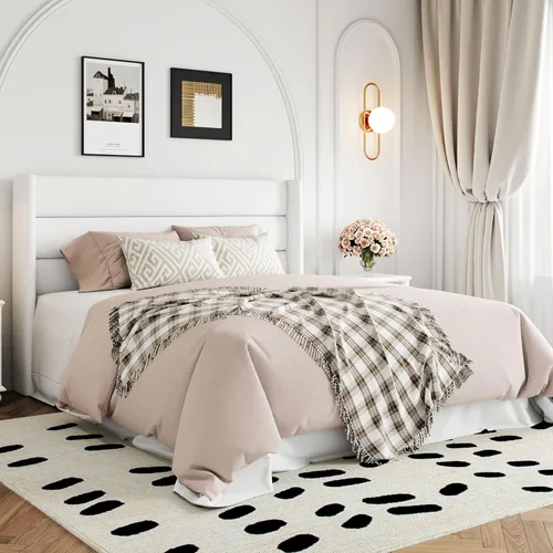 Vista 4 de Allewie Cama de almacenamiento elevable de terciopelo tamaño Queen, cabecera moderna con respaldo alado, soporte hidráulico, no necesita somier