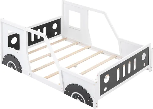 Vista 158 de Cama de plataforma en forma de auto de carreras de tamaño individual con ruedas, marco de cama de plataforma de madera con dos asientos y soporte