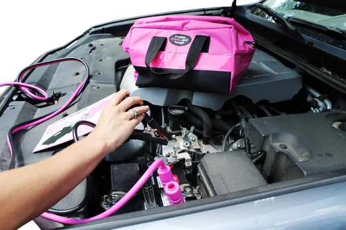 Vista 9 de Pretty Pink - Kit de emergencia rosa para adolescentes y mujeres, accesorios de coche para mujeres, bolsa de transporte duradera con cables
