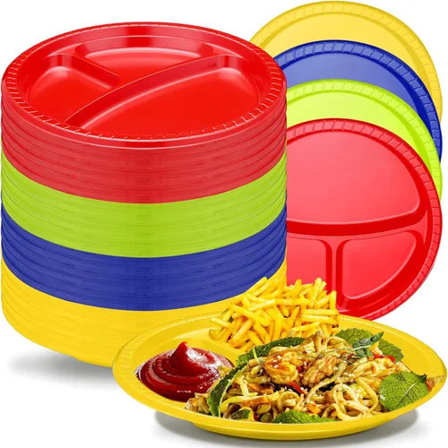 Vista 8 de Umigy 100 platos de plástico divididos de 10 pulgadas, 3 compartimentos, a granel, colorido, desechable, resistente, vajilla redonda para San Negro