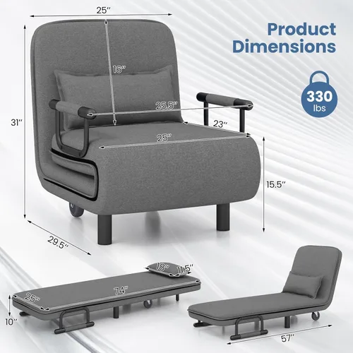 Vista 12 de KOMFOTT Silla convertible, silla de dormir con respaldo ajustable de 5 posiciones y almohada lumbar, 2 patas de metal ocultas y 2 ruedas