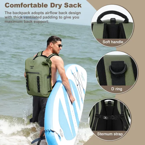 Vista 5 de MIER Mochila impermeable Saco con cierre de parte superior enrollable Bolsa seca ligera, Mochilas tipo mochila Verde militar/negro