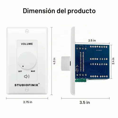 Vista 6 de STUDIOFINIX Interruptor de control de volumen de 100W en pared con perilla de ajuste de impedancia - Interruptor controlador estéreo de altavoces