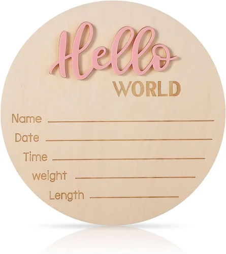Vista 15 de NQEUEPN Letrero de anuncio para recién nacido, 5.9 pulgadas, de madera con texto en inglés «Hello World», letrero de bienvenida para bebés, placas