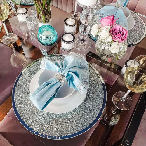 Vista 2 de Regent - Cargador redondo, único, dramático, servidor de plato de cena con espejo de vidrio, para mesas de comedor formales, eventos, bodas, plata