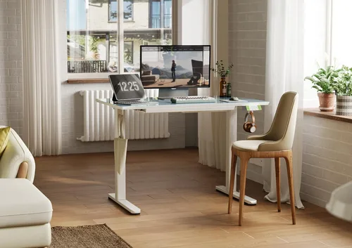 Vista 2 de INNOVAR Escritorio de pie de cristal con cajones, escritorio eléctrico de altura ajustable, pequeños escritorios de pie con almacenamiento, 40