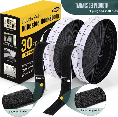 Vista 2 de Navona Tiras de gancho y bucle de 30 pies x 1 pulgada con adhesivo, 2 rollos de cinta de gancho y bucle resistente con respaldo para el hogar