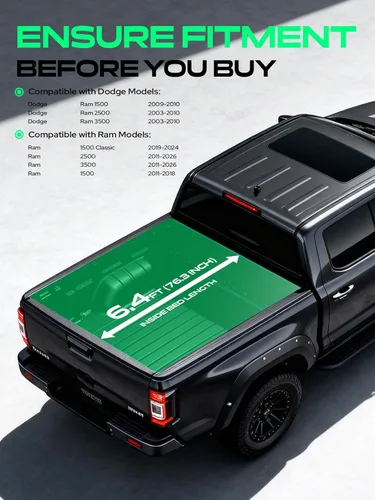 Vista 3 de YHTAUTO - Funda enrollable suave de 6.4 pies (76") para caja de camioneta compatible con Dodge Ram 1500 2009-2018, Ram 1500 Classic 2019-2024, Ram