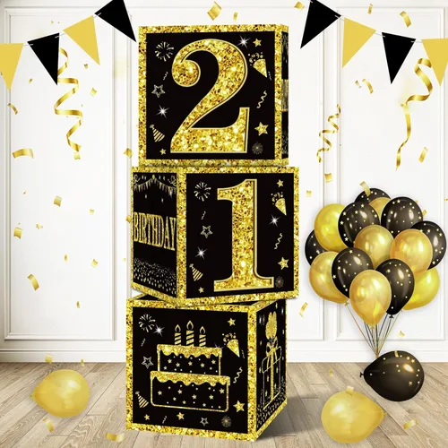 Vista 8 de Eiurteao Cajas de 3 piezas para decoraciones de cumpleaños número 16 para niñas y niños, cajas de globos de cumpleaños número 16 en negro y dorado