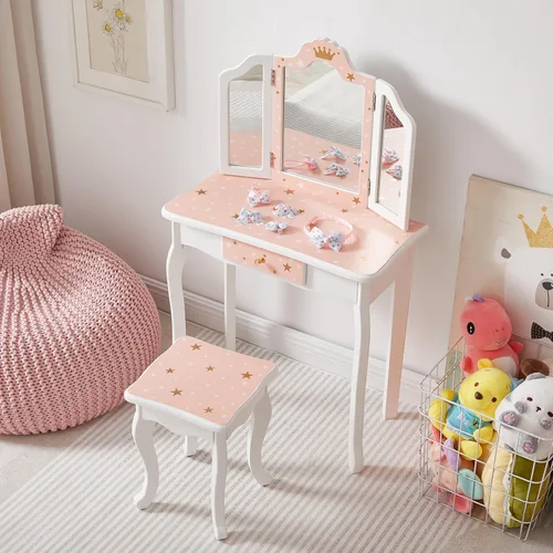 Vista 6 de Nromant Juego de mesa y silla para niños, juego de tocador para niñas con taburete, espejo de tres pliegues, mesa de princesa de maquillaje con Rosa