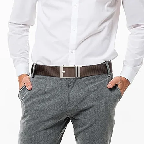 Vista 4 de SENDEFN Cinturones de trinquete de nailon para hombres, cinturón de tela de golf con hebilla ajustable automática jeans casuales B- marrón