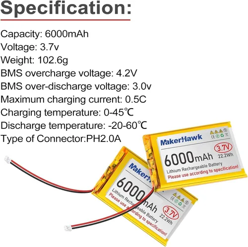 Vista 3 de MakerHawk Batería LiPo de 3.7 V 6000 mAh recargable 1S 3C baterías de polímero de litio con placa de protección cinta de goma aislada, enchufe PH2.0