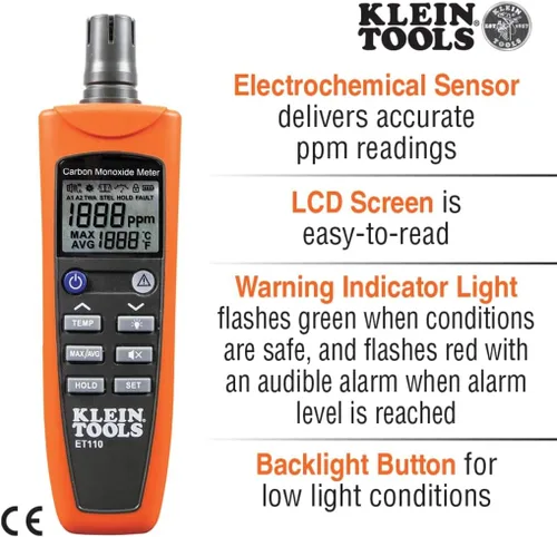 Vista 10 de Medidor de CO ET110 de Klein Tools, comprobador y detector de monóxido de carbono con alarma de límite de exposición, 4 pilas AAA y bolsa