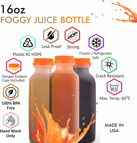 Vista 3 de EcoQuality [Paquete de 50] Botellas vacías de plástico para jugo con tapas a prueba de manipulaciones de 16 onzas, botellas de batidos, ideales