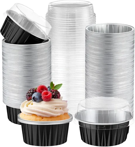Paquete de 200 forros de papel de aluminio para cupcakes con tapas, taza redonda de 5 onzas para hornear, recipiente desechable para Ramadán, Negro