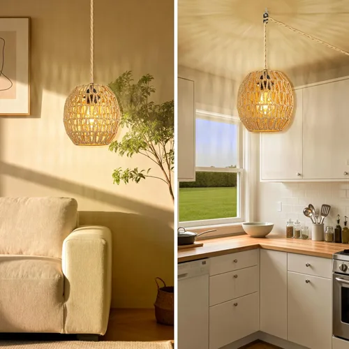 Vista 6 de SLYYMY Lámpara colgante enchufable, cable de cuerda de cáñamo de 15 pies, lámparas colgantes de ratán, interruptor de encendido/apagado, luces