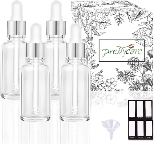 Vista 24 de PrettyCare Botella de Vidrio con Cuentagotas para Ojos 2 oz (60 ml), 24 Piezas de Botellas Transparentes y Vacías Gruesas a Granel con Tapas Dorada