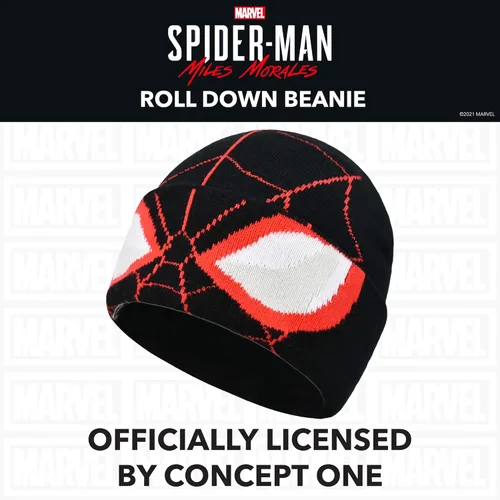 Vista 4 de Concept One Marvel Spider-Man Miles Morales Roll Down Cuff Beanie Hat, Knitted Winter Skull Cap