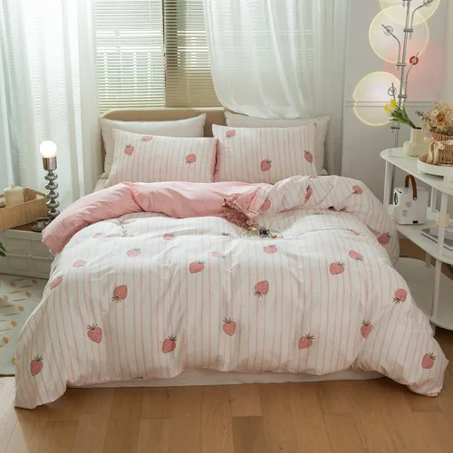 Vista 2 de LifeTB Funda de Edredón de Fresa Rosa para Niñas Estampado Kawaii Juego de Ropa de Cama Queen 1 Funda de Edredón con 2 Fundas de Almohada de Algodón