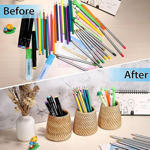 Vista 5 de BTSKY Paquete de 3 vasos de ratán, soportes para lápices de escritorio hechos a mano, soporte para brochas de maquillaje, cesta tejida