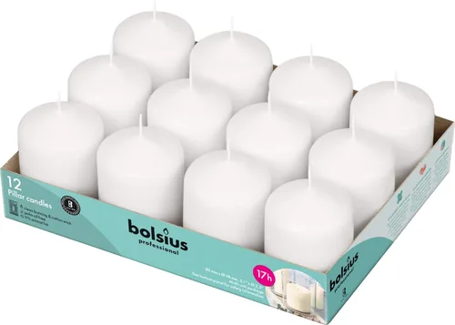 BOLSIUS 12 velas blancas de pilar a granel, juego de velas de 2.3 x 3 pulgadas, 17 horas de combustión limpia, sin aceite de palma, 0% grasa animal,