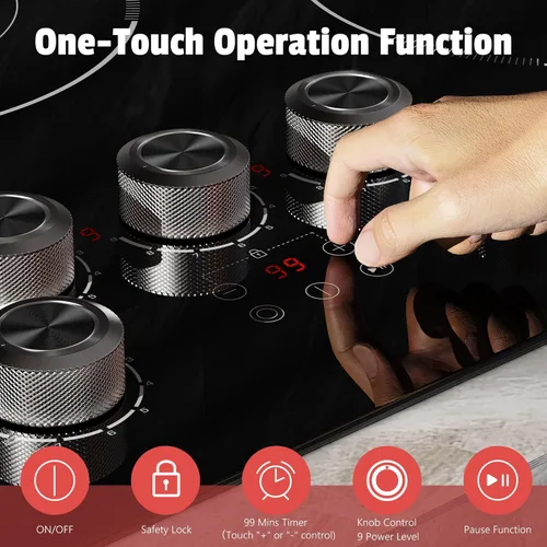 Vista 3 de Placa de cocción eléctrica empotrable de 30 pulgadas Karienvir, placa de cocción de 5 quemadores de 8500W, perilla antideslizante y control táctil