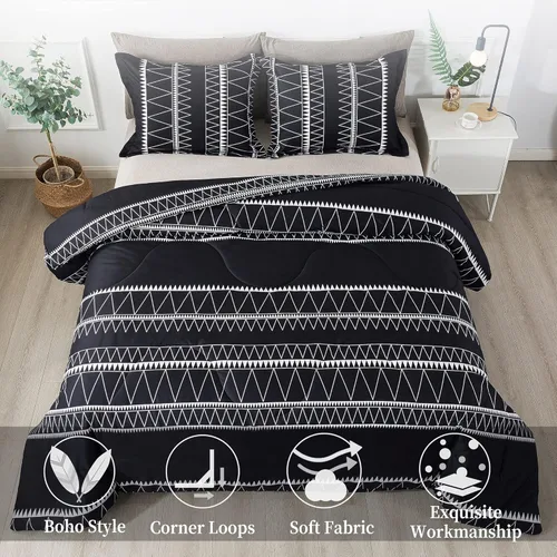 Vista 7 de Litanika Edredón bohemio negro King (104 x 90 pulgadas), 3 piezas (1 edredón bohemio y 2 fundas de almohada), juego de edredón geométrico, a rayas