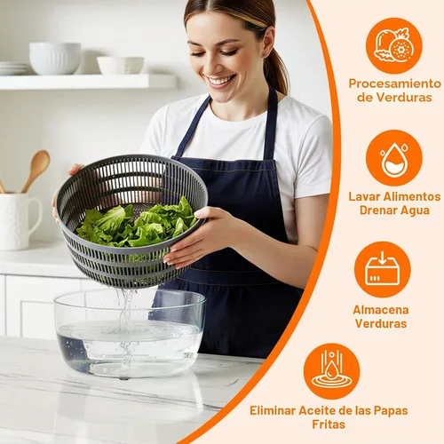 Vista 6 de HomeHacks Centrifugadora de Ensalada Grande, Centrifugadora de Lechuga Grande, Limpiador de Frutas Grande con Orificios de Drenaje Dobles, 5