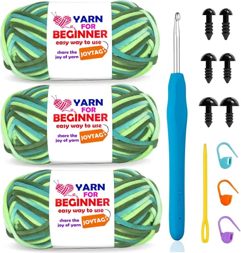 Vista 43 de Hilo de Ganchillo para Principiantes Verde Manzana Hilo de Algodón para Tejer y Tejido - Kit de Ganchillo para Principiantes - 3 * 50g