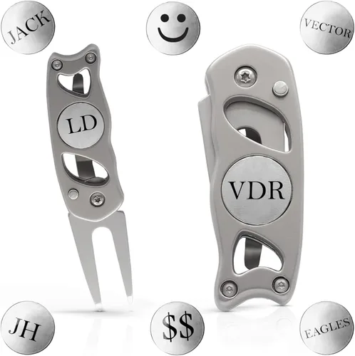 Indiana Metal Craft Switchblade Divot Herramienta de reparación de acero inoxidable personalizada con dos marcadores de bola (un repuesto)