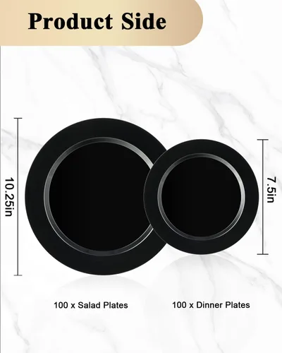 Vista 2 de BESTVIP 100 piezas de platos desechables de plástico negro, platos desechables para fiestas con 50 platos de cena y 50 platos de postre, platos