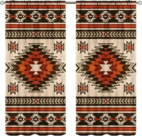 Vista 22 de Cortinas con patrón geométrico tribal, estilo suroeste, azteca, rústico, occidental, nativo americano, opacas, con bolsillo para barra, decoración