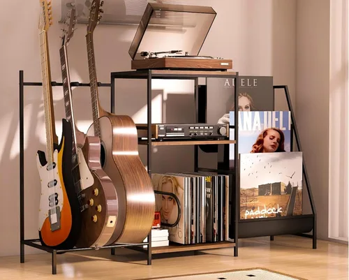 Vista 9 de Soporte de guitarra para múltiples guitarras acústicas con estante de almacenamiento de 3 niveles, estante de exhibición de guitarras, accesorios