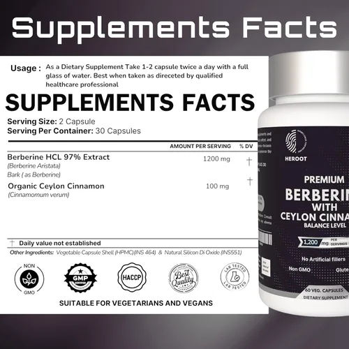 Vista 6 de Berberina prémium con cápsulas de canela de Ceilán, 120 unidades, vegetariana, sin OMG, sin gluten, certificada orgánica