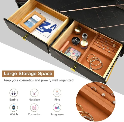 Vista 4 de CHARMAID Escritorio de tocador con armario lateral reversible, mesa de tocador de maquillaje con espejo iluminado, 3 luces de color, 4 cajones